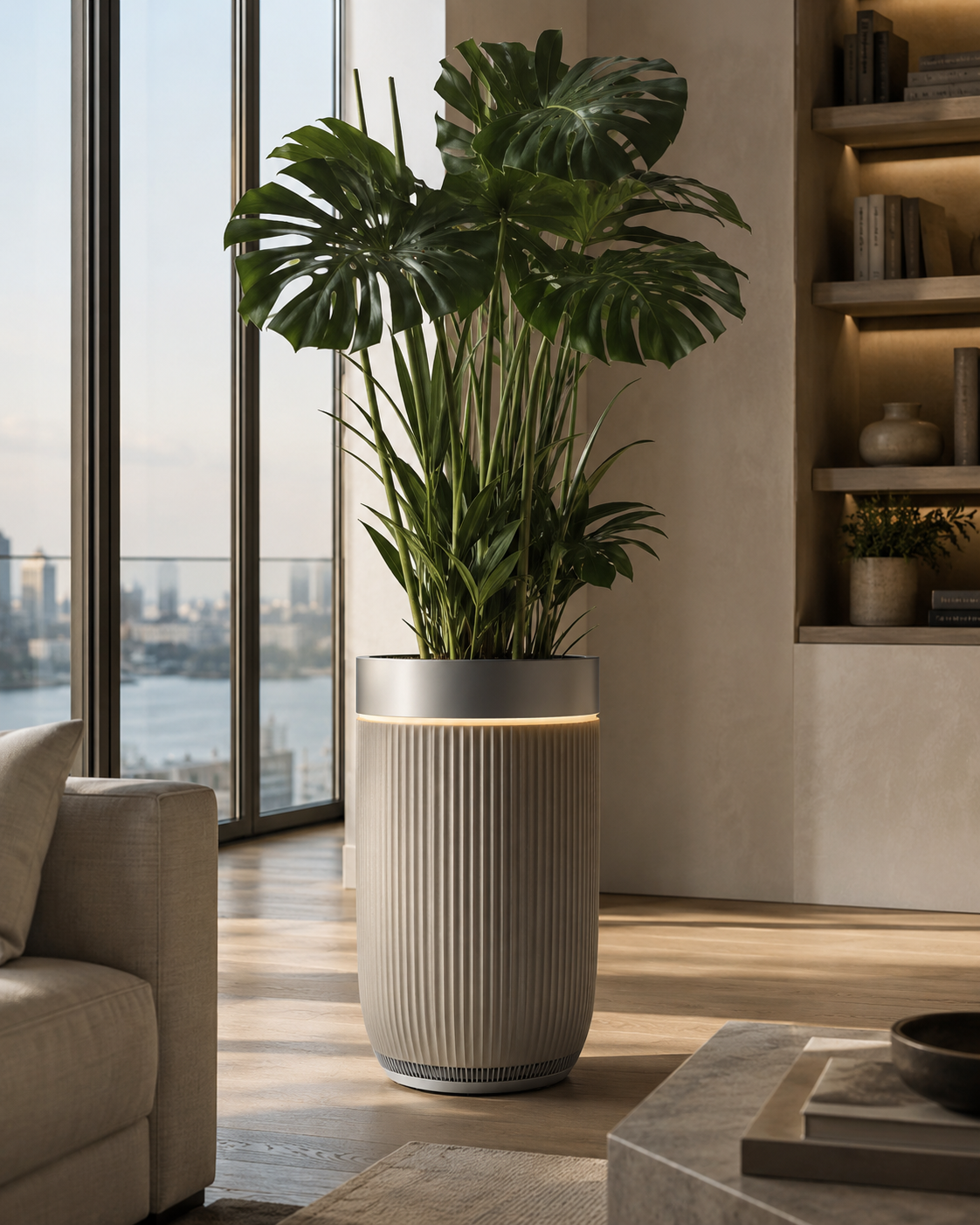OxiFlora air purifier in a modern penthouse