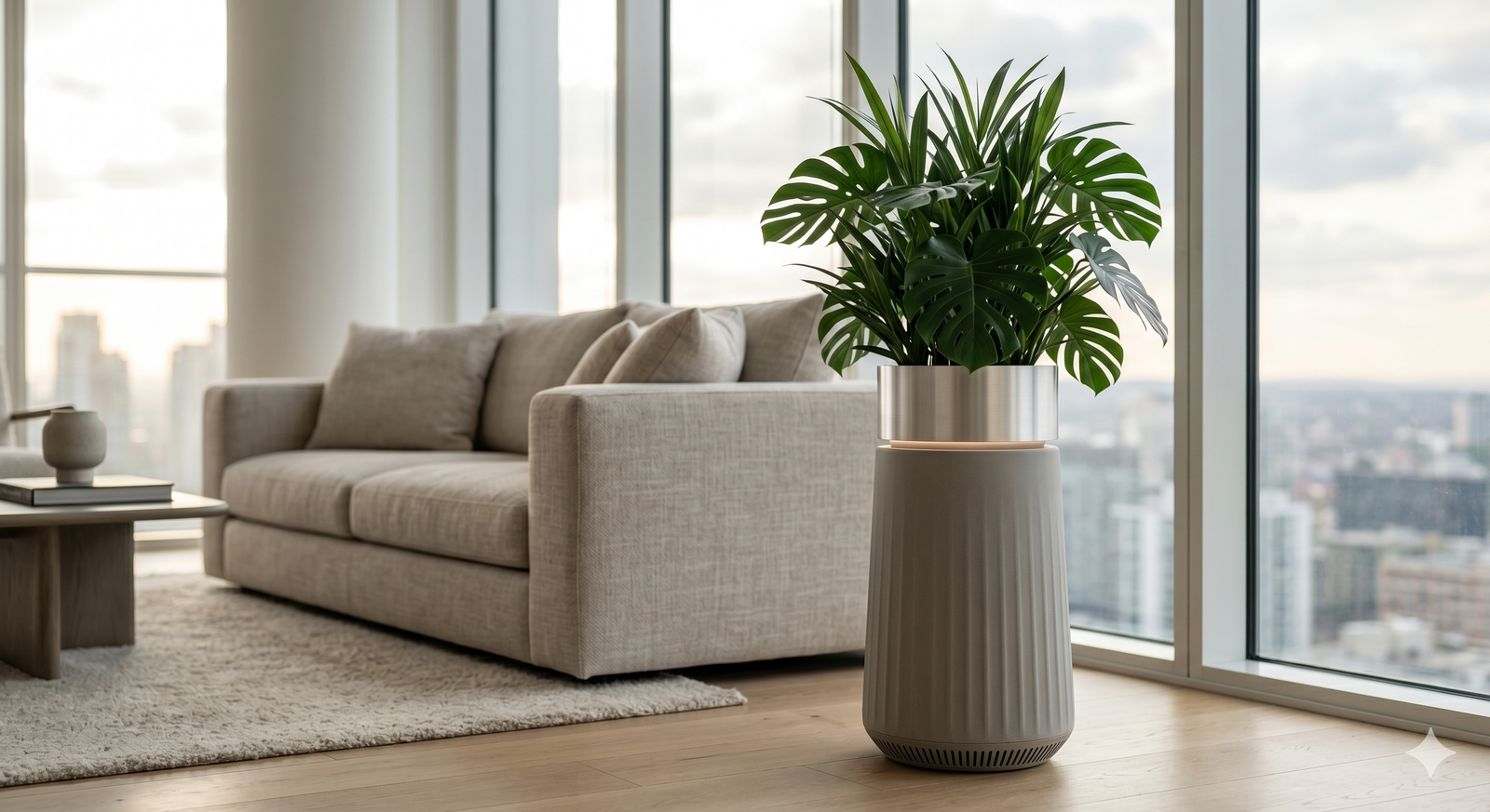OxiFlora in a living room with skyline